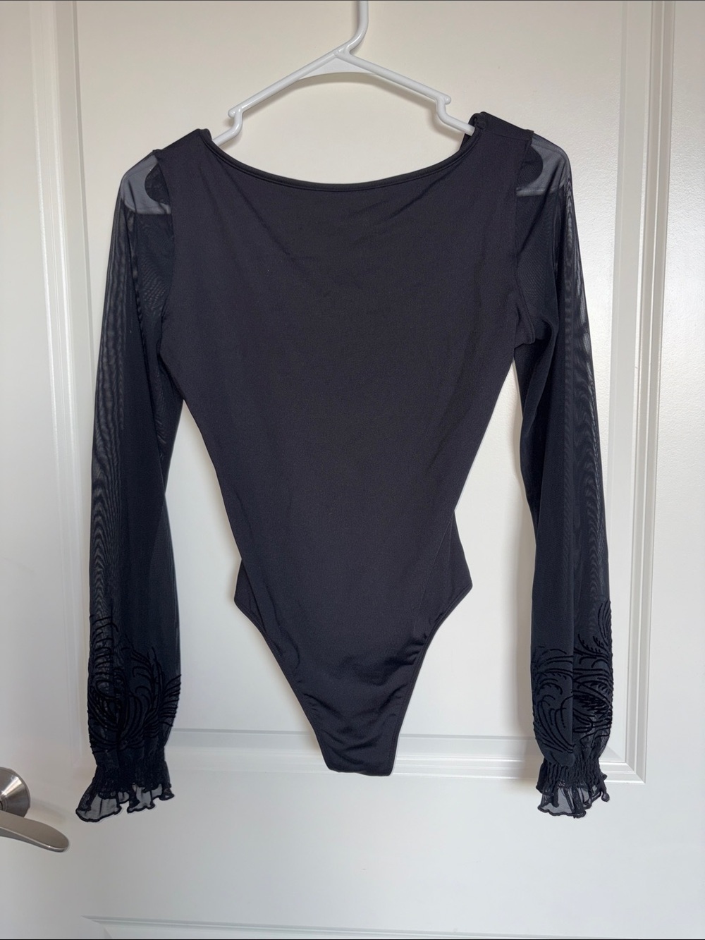 Black Mesh Sleeve Ruffle Cuff Bodysuit - Women Tops NWT